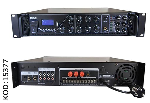 Dexun D-250  250 W 100V / 70V 4-16 Ohm USB-SD 6 Bölgeli 3 Mik. 3 Aux Girişli Trafolu Mixer Anfi