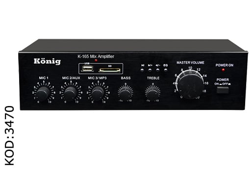 König Mini K-165 BT Bluetooth'lu 120W100V / 70V 4-8 Ohm USB-SD 3 Mikrofon Girişli Hat Trafolu Anfi