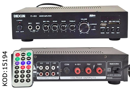 Dexun D-60 60W 100V / 70V 4-16 Ohm USB-SD 2 Mikrofon Girişli Bluetooth Trafolu Anfi